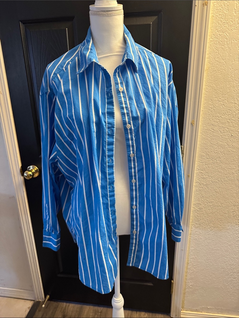 aerie Blue and White Vertical Stripe Button-Down Shirt